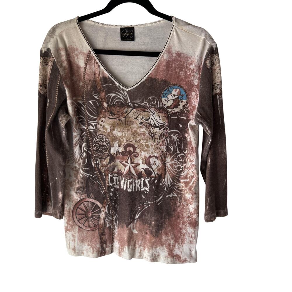 Katina Marie Shirt Large Brown Western Cowgirls Graphic Long Sleeve USA Grunge